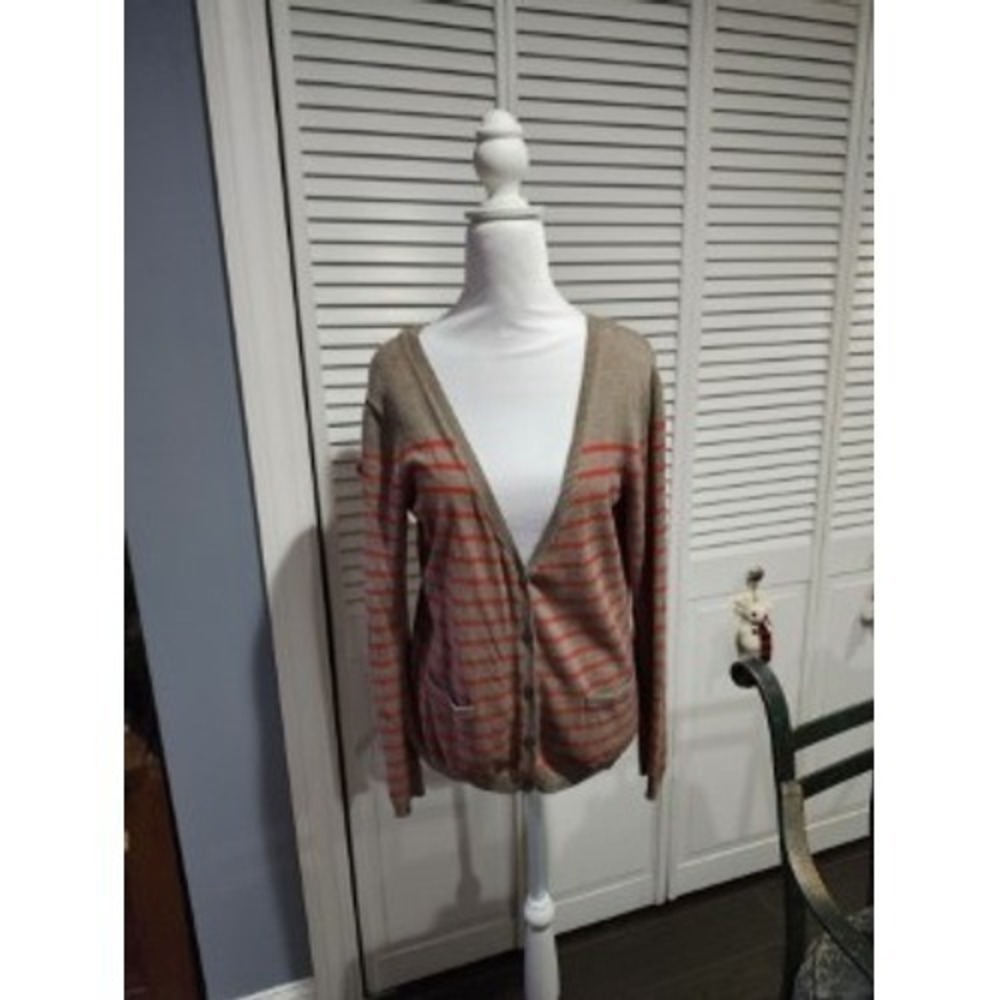 Banana Republic Cardigan Tan Coral Stripe Button Front Pockets - Women's M
